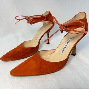 Manolo Blahnik Strappy tie suede leather burnt orange heels EU 36 US 6